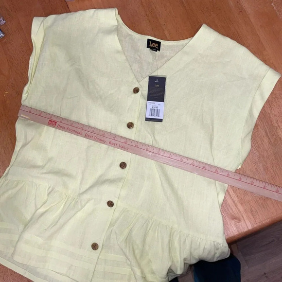 lee yellow linen blend peplum button front top womens size L short sleeve - Picture 9 of 11